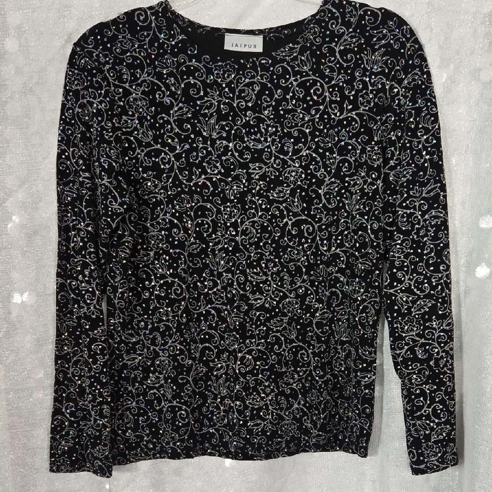 Jaipur Elegant Black & Silver with irridescent Sparkles Long Sleeve Stretch Top